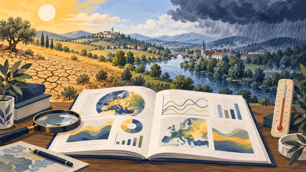 Illustration: Wissenschaftlicher Bericht und Lupe vor einer Landschaft mit Trockenheit und Regen. Diagramme sind schematisch.