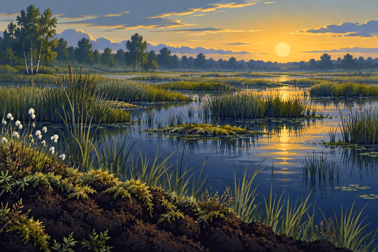 KI-Illustration: Nasses Moor mit flachem Wasser, Gräsern und dunklem Torfboden im warmen Abendlicht. Erfundenes Landschaftsmotiv, keine Projektreferenz.