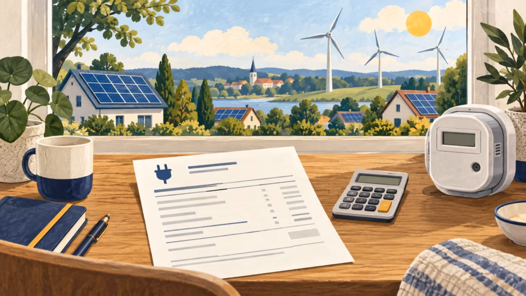 Illustration: Stromrechnung, Taschenrechner und Stromzähler vor Häusern mit Solardächern und Windrädern.