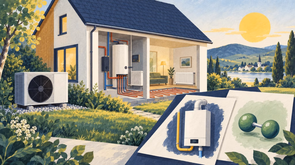 Illustration: Wohnhaus mit Wärmepumpe und schematischem Heizsystem, davor Unterlagen zu alternativer Heiztechnik.