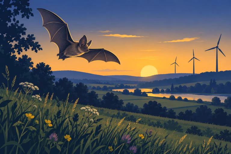KI-Illustration: Fledermaus im Vordergrund einer Landschaft mit entfernten Windrädern bei Abendlicht. Symbolische Illustration, keine dokumentierte Tierbeobachtung.