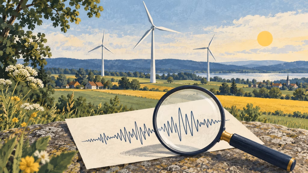 Illustration: Windräder in einer Landschaft, davor eine Lupe über einer schematischen Schallwelle.